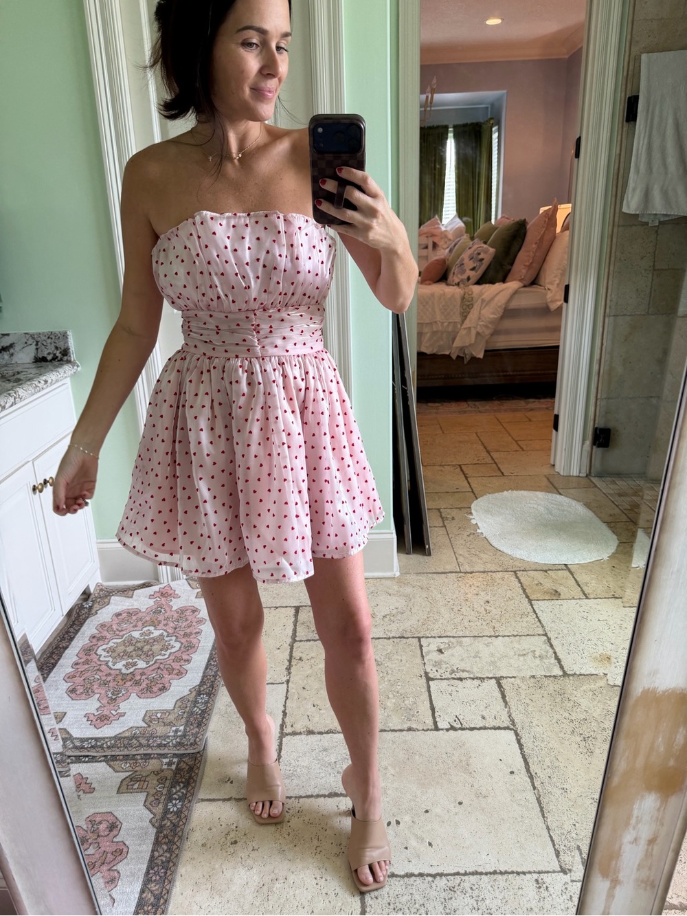 Strapless Pink Heart Print Mini Dress